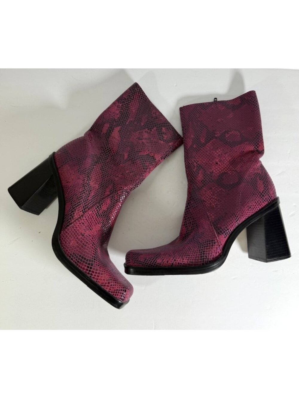 Vintage 90s Y2K Leather Pink Python Snake Ankle Boots Block Heel Square Toe 8.5